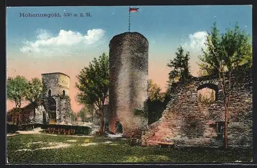 AK Hohennagold, Ortspartie mit Turm