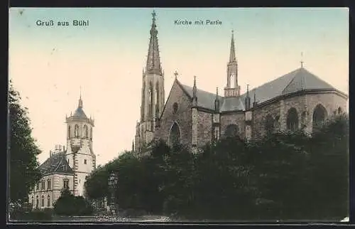 AK Bühl / Baden, Kirche mit Partie