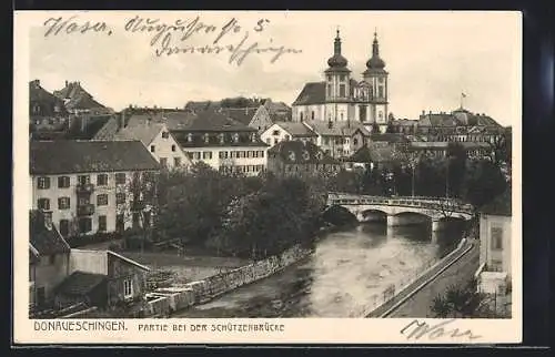 AK Donaueschingen, Partie bei der Schützenbrücke mit Kirche