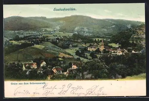 AK Sasbachwalden /Schwarzwald, Blick über Ort und Felder