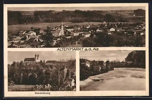 AK Altenmarkt a. d. Alz, Ortsansicht mit Baumburg und Flusspartie