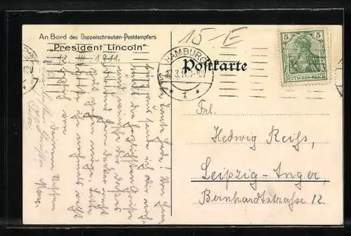 Künstler-AK Hans Bohrdt: Doppelschrauben-Postdampfer President Lincoln der Hamburg-Amerika Linie
