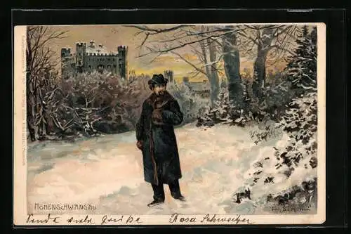 Künstler-AK Fritz Bergen: Ludwig II. mit Mantel in verschneiter Winterlandschaft