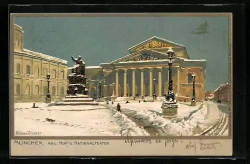 Künstler-AK Zeno Diemer: München, Königliches Hof- und Nationaltheater im Schnee