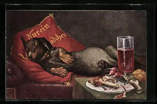 Künstler-AK Dackel liegt vollgefressen auf einem Kissen, vor ihm der leere Teller