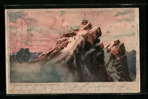 Künstler-Lithographie Zeno Diemer: Sonnenaufgang auf der Zugspitze, Berghütte