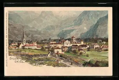 Künstler-AK Zeno Diemer: Bozen-Gries, Gesamtansicht vor Dolomitenwand