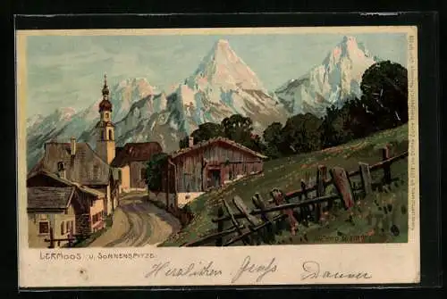 Künstler-AK Zeno Diemer: Lermoos, Strassenpartie mit Blick zur Sonnenspitze