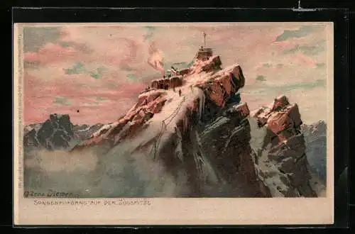 Künstler-Lithographie Zeno Diemer: Sonnenaufgang auf der Zugspitze, Berghütte
