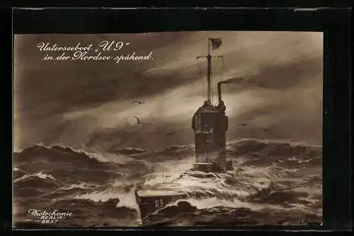 Künstler-AK Willy Stoewer: Unterseeboot U. 9 in der Nordsee spähend