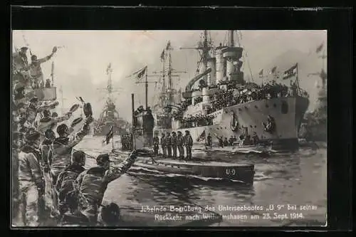 Künstler-AK Willy Stoewer: Wilhelmshaven, Jubelnde Begrüssung des U-Bootes U 9 bei seiner Rückkehr 1914
