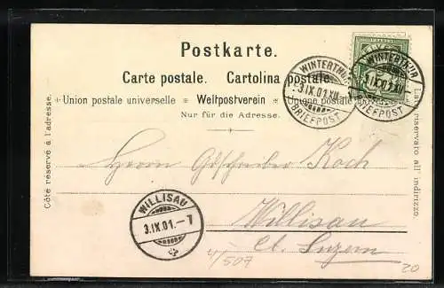 Lithographie Winterthur, Katholische Kirche und Wartstrasse, um 1900