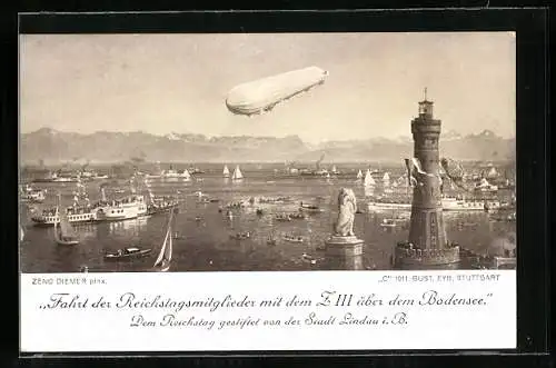 Künstler-AK Zeno Diemer: Fahrt der Reichstagsmitglieder mit dem Z III über dem Bodensee