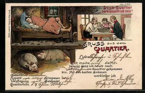 Künstler-AK Bruno Bürger & Ottillie Nr. 1772: Gruss aus dem Quartier, Mann im Bett einer ärmlichen Behausung liegend