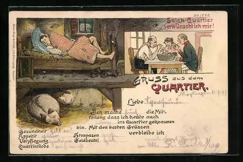 Künstler-AK Bruno Bürger & Ottillie Nr. 1772: Gruss aus dem Quartier, Mann im Bett einer ärmlichen Behausung liegend