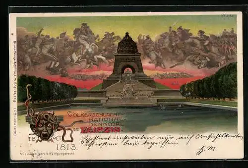 Künstler-AK I.M.J.: Leipzig, Völkerschlachtdenkmal, Kavallerie im Gefecht, Maske mit Schlangen