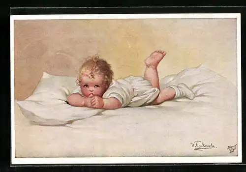 Künstler-AK Wally Fialkowska: Guten Morgen, Kleinkind im Bettchen