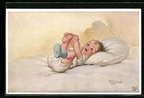 Künstler-AK Wally Fialkowska: Baby im Bett