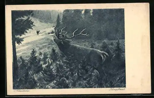 Künstler-AK Otto Fikentscher: Kampfbereit, kapitaler Hirsch