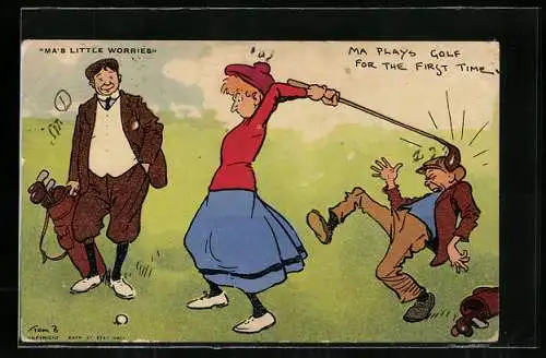 AK Ma plays Golf for the first time, Golfspielerin trifft ihren Caddie mit dem Golfschläger am Kopf