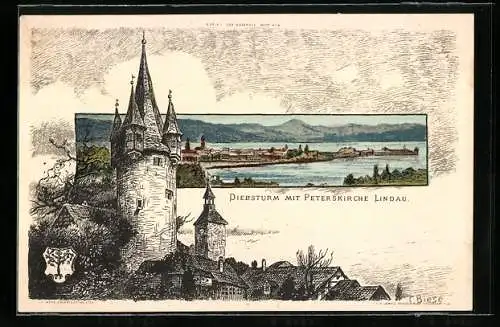 Künstler-AK C.Biese: Lindau, Totalansicht mit dem Bodensee, Diebsturm mit Peterskirche