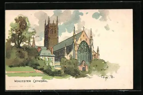 Künstler-AK Tom Browne: Worcester Cathedral