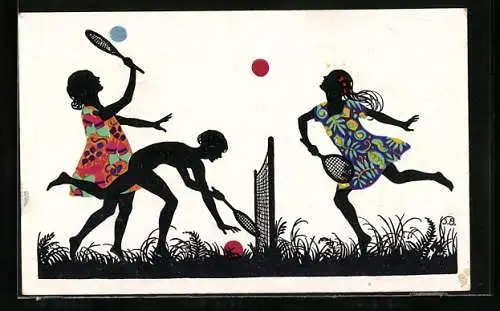 Künstler-AK St. Bender: Mädchen und Bube spielen ausgelassen Tennis auf einer Blumenwiese