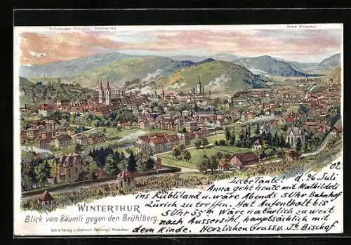 Künstler-Lithographie C. Steinmann: Winterthur, Blick vom Bäumli gegen den Brühlberg, Eisenbahn