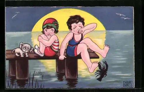 Künstler-AK Margret Boriss: Katwijk /Zee, Junge und Mädchen im Badeanzug am Steg bei Monschein