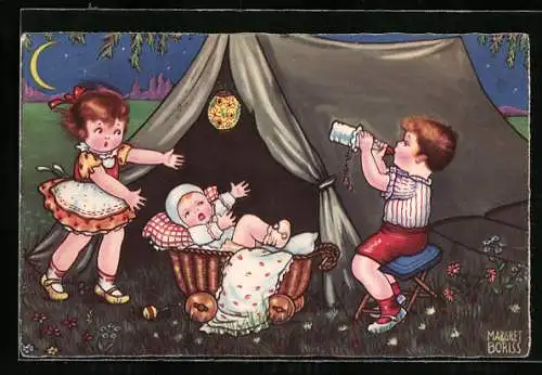 Künstler-AK Margret Boriss: Junge trinkt aus der Babyflasche