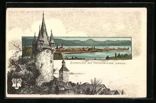 Künstler-AK C.Biese: Lindau, Totalansicht mit dem Bodensee, Diebsturm mit Peterskirche