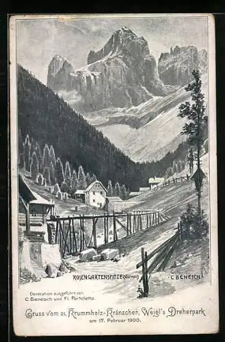 Künstler-AK C. Benesch: Wien, 21. Krummholz-Kränzchen Weigl`s Dreherpark 1900, Dekoration mit Rosengartenspitze