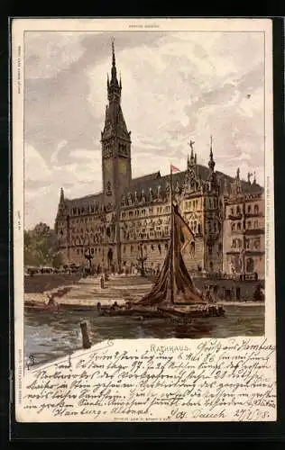 Künstler-AK Carl Biese: Hamburg, Rathaus mit Segelboot