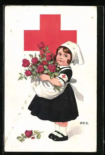 Künstler-AK P.O.Engelhard (P.O.E.): Rotkreuzschester mit Rosen in der Schürze