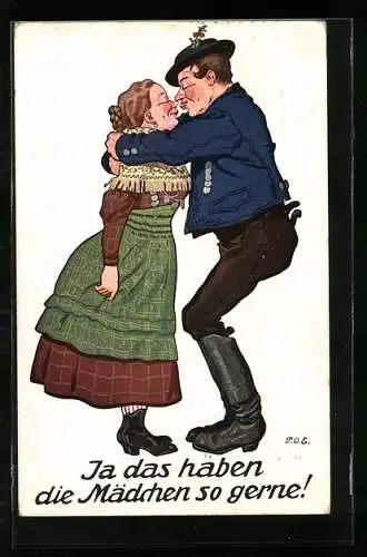 Künstler-AK P.O.Engelhard (P.O.E.): Ja das haben die Mädchen so gerne!, ein Paar in Trachtenkleidung beim Küssen