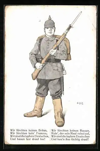 Künstler-AK P.O.Engelhard (P.O.E.): Deutscher Soldat in Uniform mit Pickelhaube