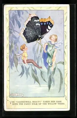 Künstler-AK Rene Cloke: The Camberwell Beauty takes her ease with the fairy folk of the willow trees