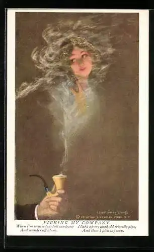Künstler-AK Alfred James Dewey: Picking my Company, der Rauch einer Pfeife lässt eine Frauengestalt erscheinen