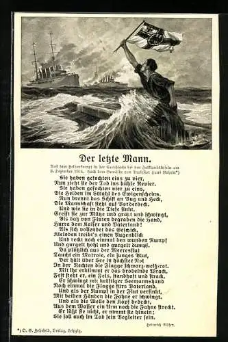 Künstler-AK Hans Bohrdt: Der letzte Mann, Schiff geht unter, Matrose hält Reichskriegsfahne hoch