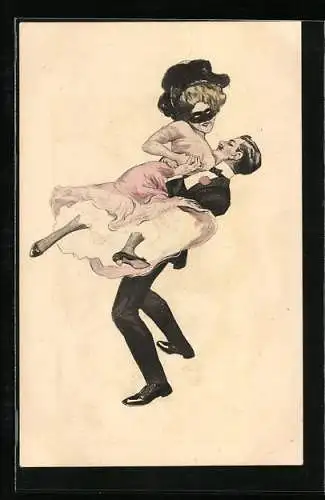 Künstler-AK Simplicissimus: Maskierte Frau und Mann im Anzug beim Tanz