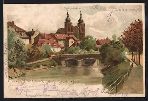 Lithographie Donaueschingen, Blick über die Schützenbrücke zur Kirche