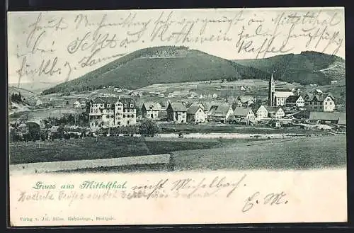 AK Mittelthal / Baiersbronn, Panorama mit Kirche und Gebirge