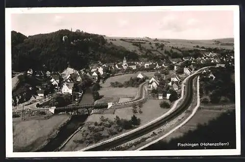 AK Fischingen /Hohenzollern, Gesamtansicht mit Bahnbrücke aus der Vogelschau