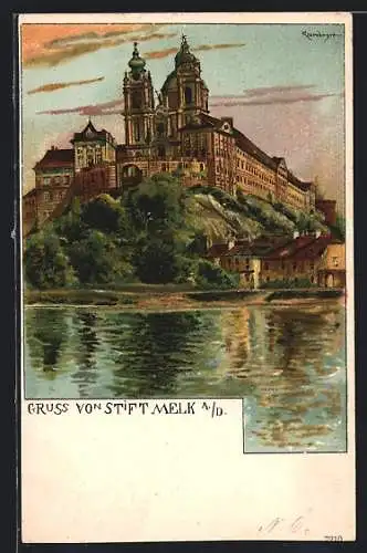 Lithographie Melk a. D., Ansicht mit Donaupartie