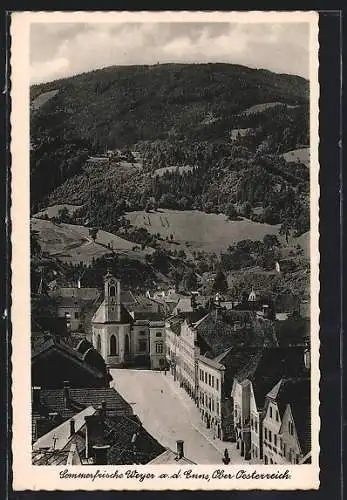 AK Weyer a. d. Enns, Ortsansicht mit Kirche aus der Vogelschau