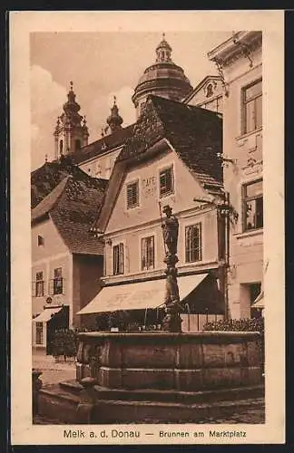 AK Melk a. d. Donau, Cafe Fürst mit Brunnen am Marktplatz