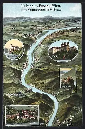 AK Aggsbach, Verlauf der Donau von Passau nach Wien aus der Vogelschau
