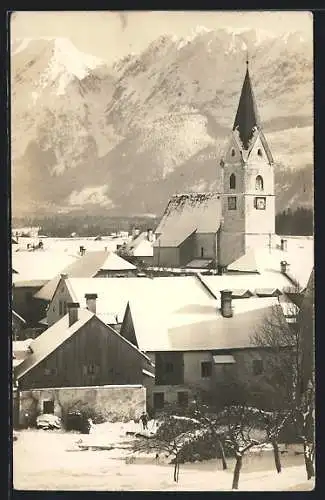 AK Bad Mitterndorf, Kirche und Grimming im Schnee