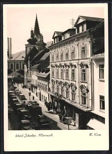 AK Mariazell, Hotel Scherfler mit Geschäften und Kirche