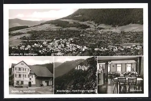 AK Glems /Kr. Reutlingen, Gasthaus zum Waldhorn Fam. Harter, Ortsansicht, Fünf-Finger-Felsen